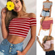 Ladies Off Shoulder Short Sleeve Striped Top-TopOnlineBargains.Com